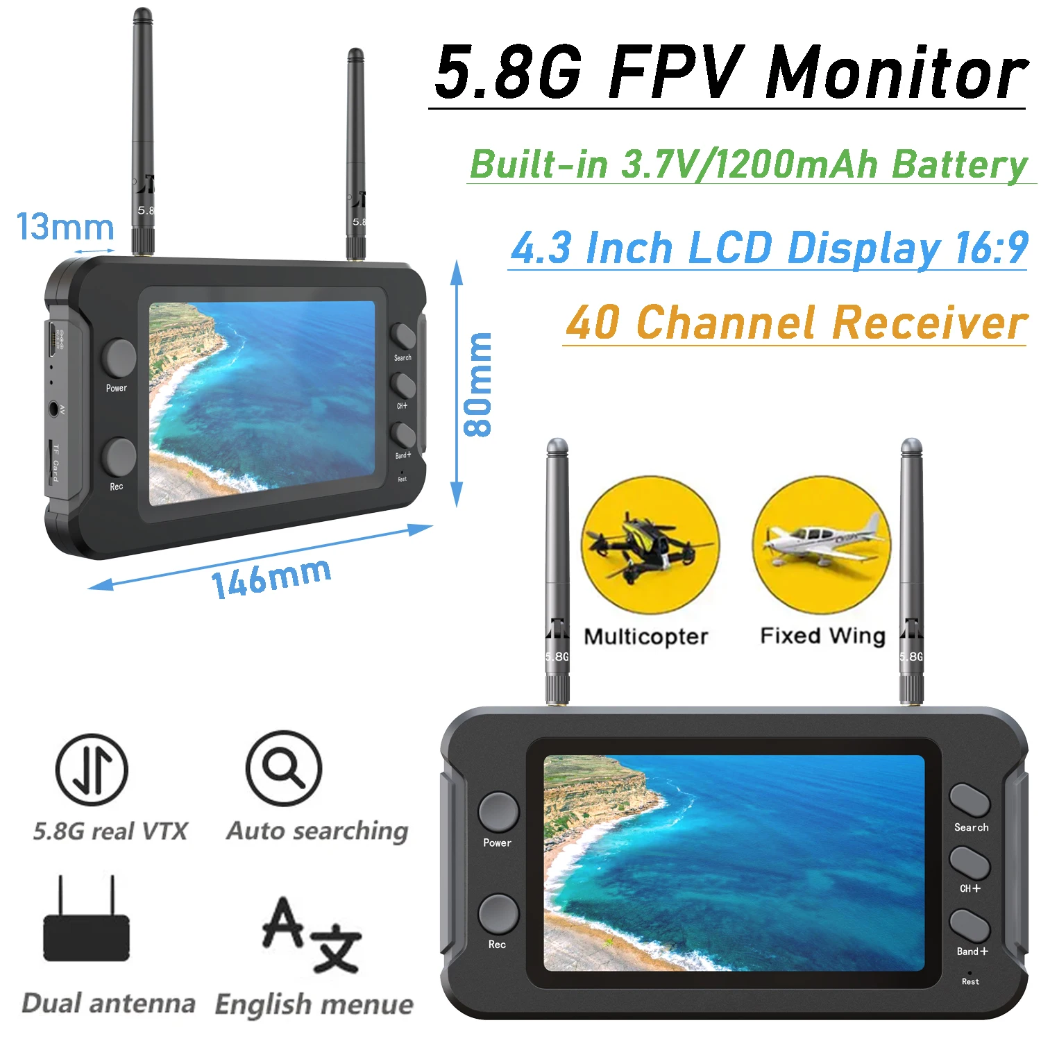 5.8G 40CH Dual Antennas FPV Monitor With 4.3 Inch LCD Display 16:9 NTSC/PAL Auto Search Video Record For RC FPV Quadcopter Drone
5.8G 40CH Dual Antennas FPV Monitor With 4.3 Inch LCD Display 16:9 NTSC/PAL Auto Search Video Record For RC FPV Quadcopter Drone