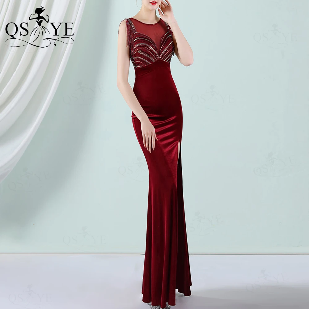 Burgundy Velvet Evening Dresses Glitter Sequin Prom Gown Beading Straps Sexy Split Party Dress V Back Fitted Women Formal Gown
Burgundy Velvet Evening Dresses Glitter Sequin Prom Gown Beading Straps Sexy Split Party Dress V Back Fitted Women Formal Gown