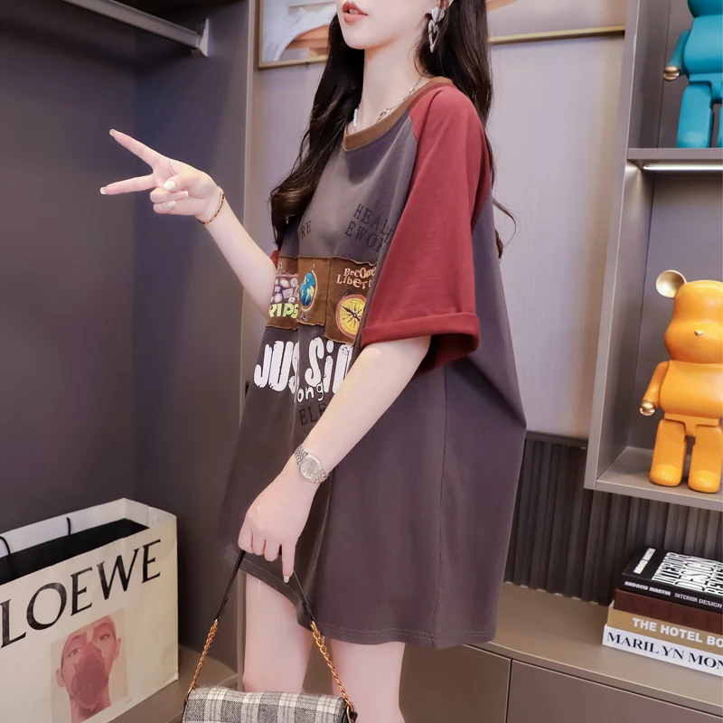 Collar Block Shoulder and Sleeve Patchwork Printed Short Sleeved T-shirt Women Vintage Top Loose Oversized Tshirts
Collar Block Shoulder and Sleeve Patchwork Printed Short Sleeved T-shirt Women Vintage Top Loose Oversized Tshirts