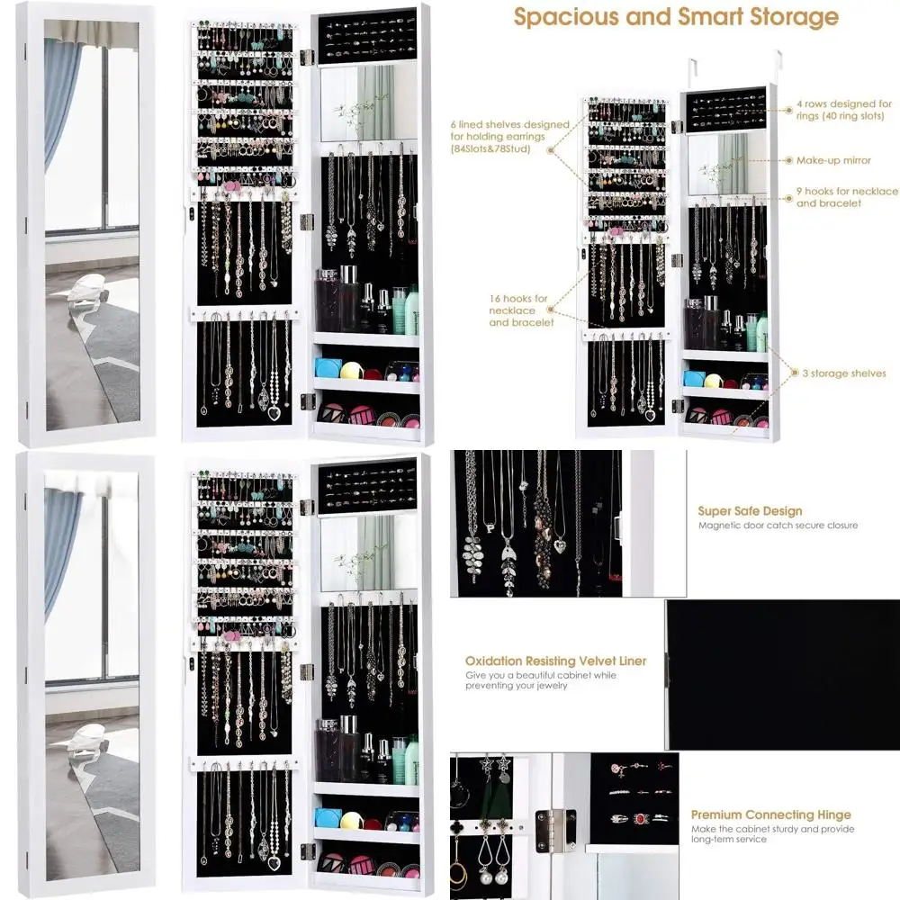 White Wooden Wall-Mounted Jewelry Cabinet with Full-Length Mirror, Makeup Mirror, 3 Shelves, 25 Hooks, Ring & Earring Holders
White Wooden Wall-Mounted Jewelry Cabinet with Full-Length Mirror, Makeup Mirror, 3 Shelves, 25 Hooks, Ring & Earring Holders