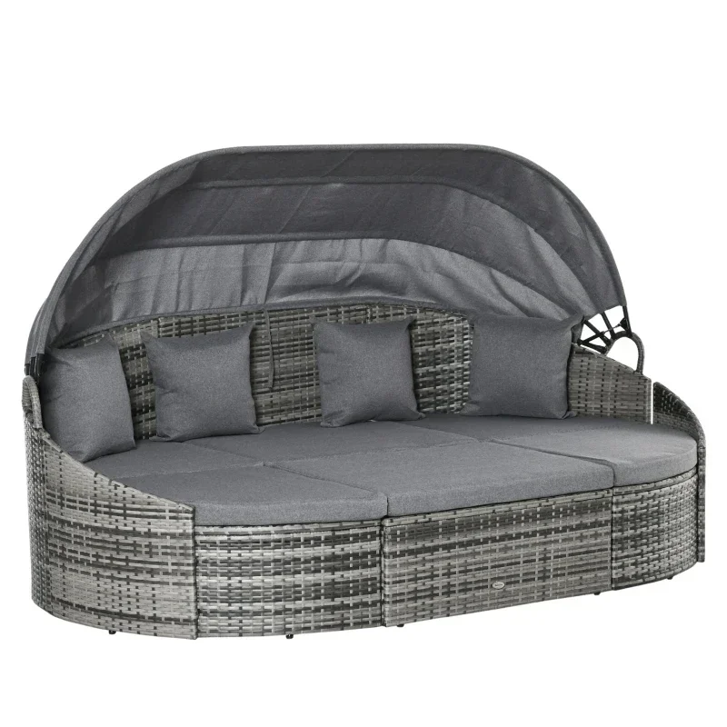 Grey Outdoor Round Daybed 4 Pieces Wicker Outdoor Rattan Sofa with Canopy,Cushions,Pillows for Lawn Garden Backyard
Grey Outdoor Round Daybed 4 Pieces Wicker Outdoor Rattan Sofa with Canopy,Cushions,Pillows for Lawn Garden Backyard