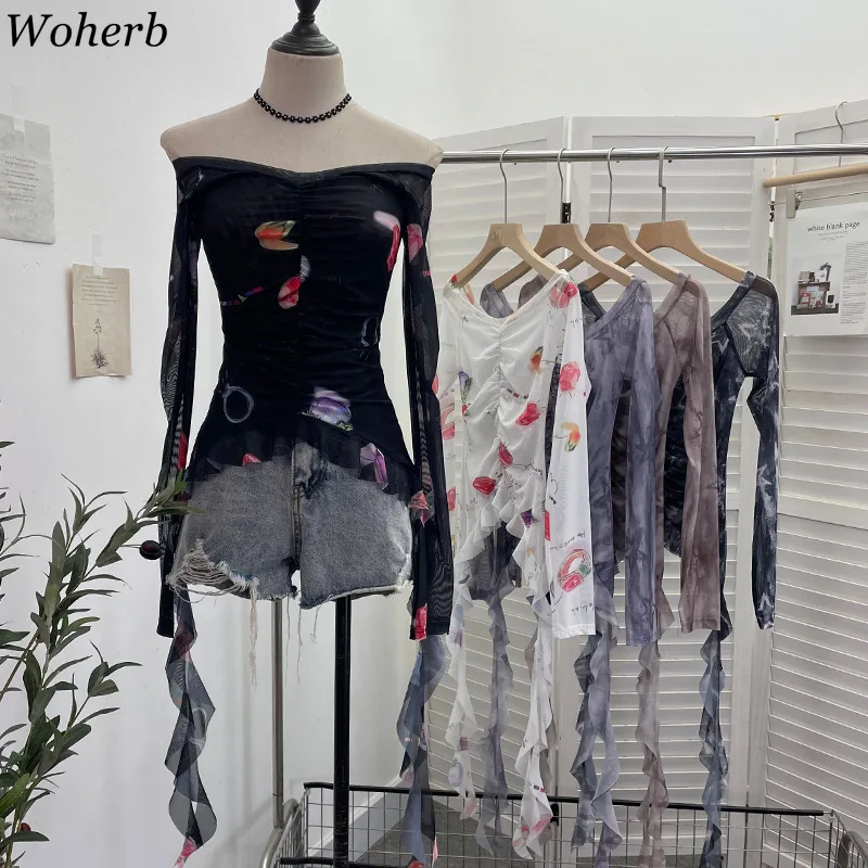 Women Gauze Slash Neck Printing Tshirts Long Sleeve Irregular Ruffles Tees Vintage Y2K Pleated Cropped Sexy T Shirt Ropa Mujer
Women Gauze Slash Neck Printing Tshirts Long Sleeve Irregular Ruffles Tees Vintage Y2K Pleated Cropped Sexy T Shirt Ropa Mujer