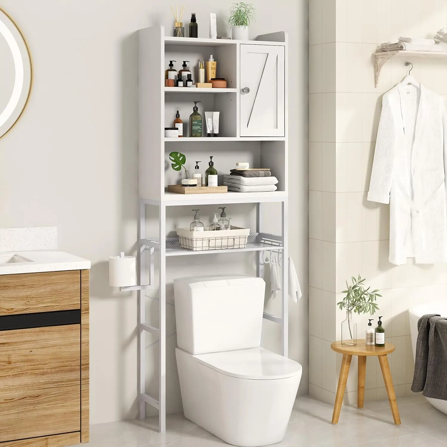 Freestanding Over Toilet Storage Cabinet with Adjustable Shelf & Paper Hook, Bathroom Space Saver Organizer, White, Customized
Freestanding Over Toilet Storage Cabinet with Adjustable Shelf & Paper Hook, Bathroom Space Saver Organizer, White, Customized