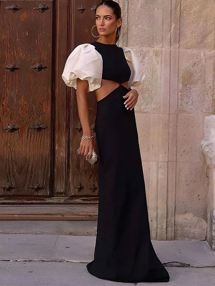 Patchwork Puff Sleeve Maxi Dresses Women Elegant O-neck Hollow Out Short Sleeved Long Dress Lady Summer Holiday Chic Vestidos
Patchwork Puff Sleeve Maxi Dresses Women Elegant O-neck Hollow Out Short Sleeved Long Dress Lady Summer Holiday Chic Vestidos 