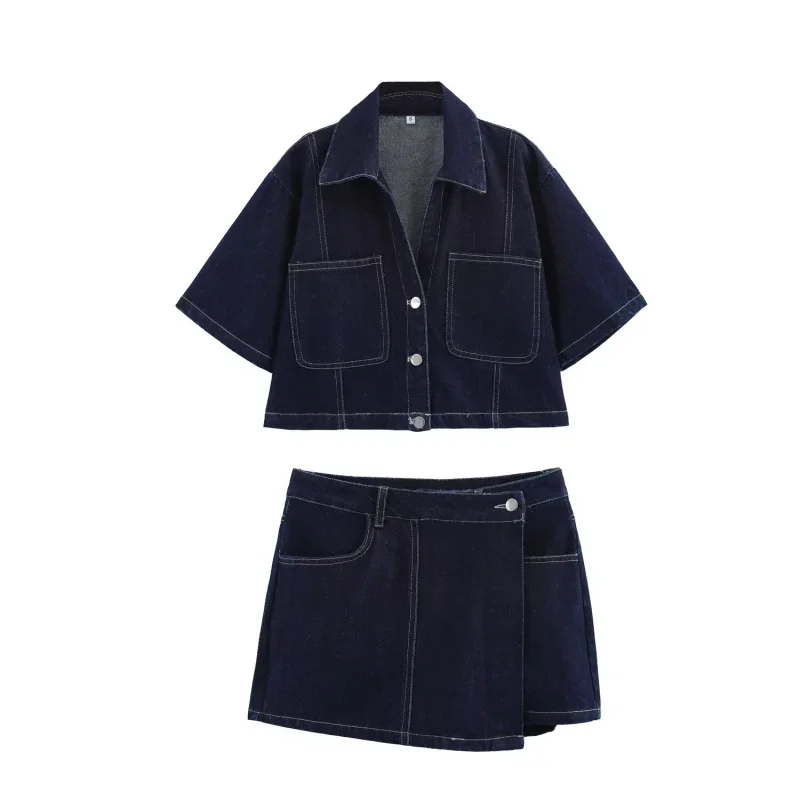 Pop Spring New Collection Women's Short Sleeve Lapel Denim Shirt & Asymmetrical High Waist Denim Culottes
Pop Spring New Collection Women's Short Sleeve Lapel Denim Shirt & Asymmetrical High Waist Denim Culottes
