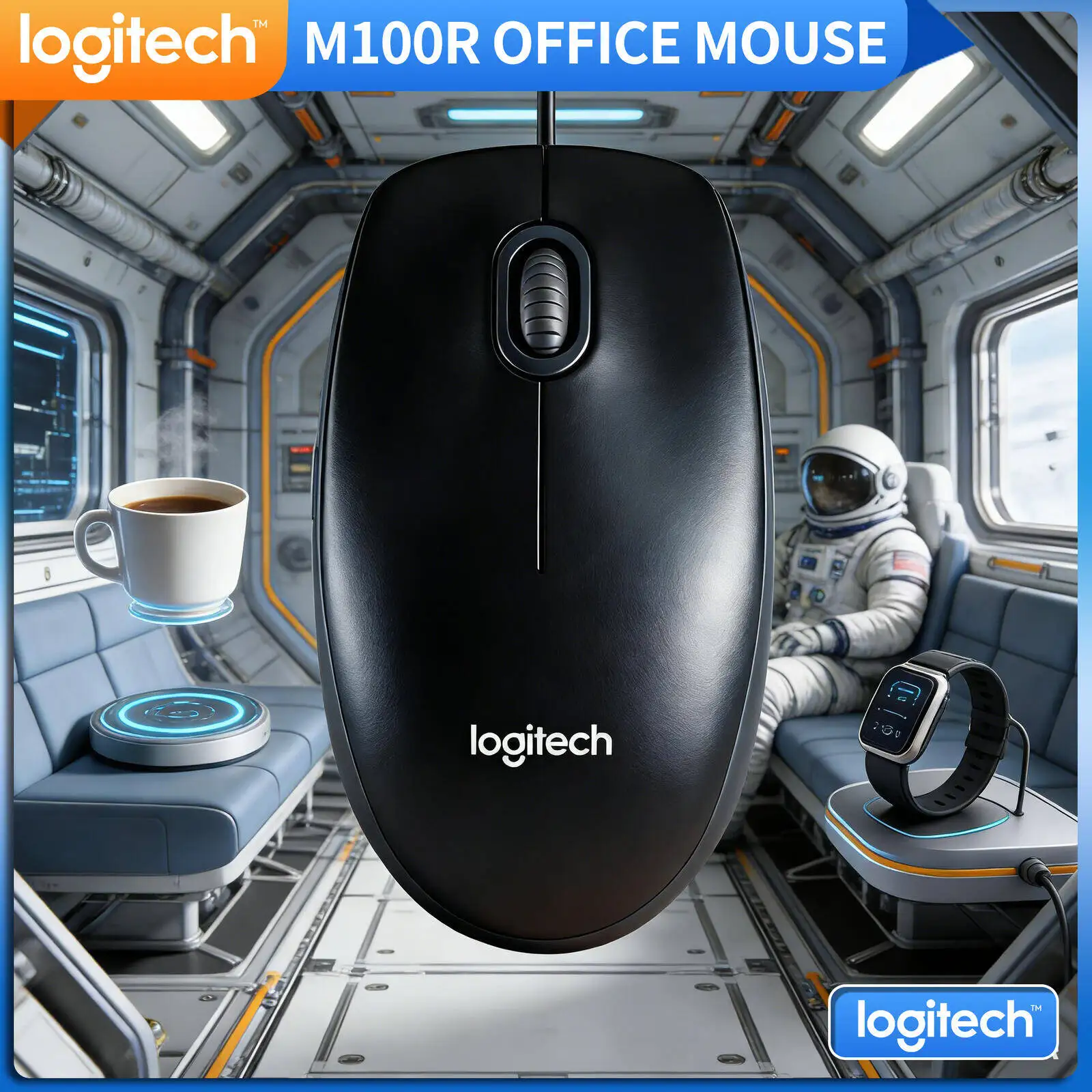 Logitech M100R Wired USB Mouse 3-Button Scroll 1000DPI Tracking Ambidextrous Grip for PC Mac Linux Laptop Desktop Office