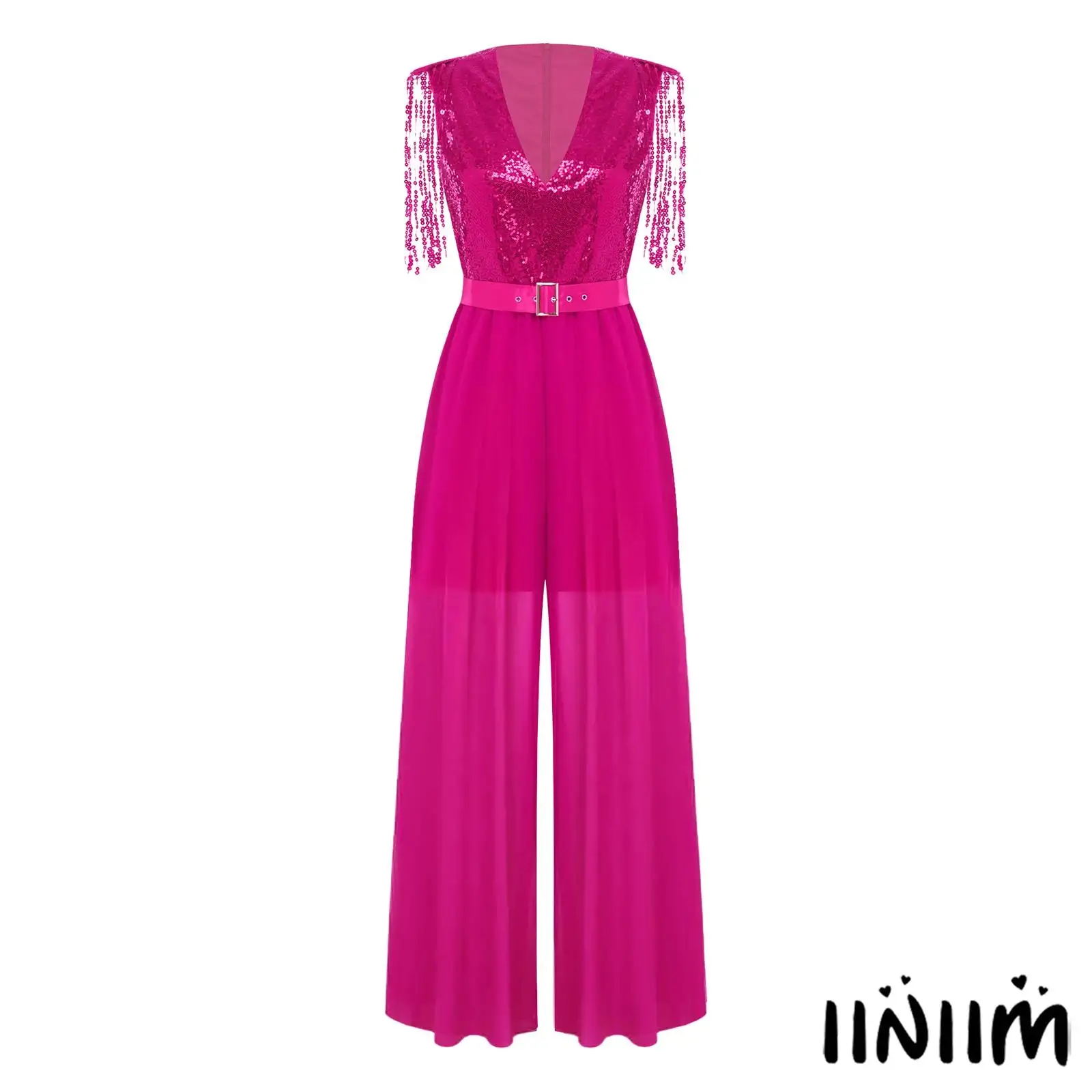 Women Glitter Party Rompers V Neck Shoulder Tassel Sleeveless Sequined Bodice Flowy Wide-leg Bottoms Jumpsuit with Waist Belt
Women Glitter Party Rompers V Neck Shoulder Tassel Sleeveless Sequined Bodice Flowy Wide-leg Bottoms Jumpsuit with Waist Belt