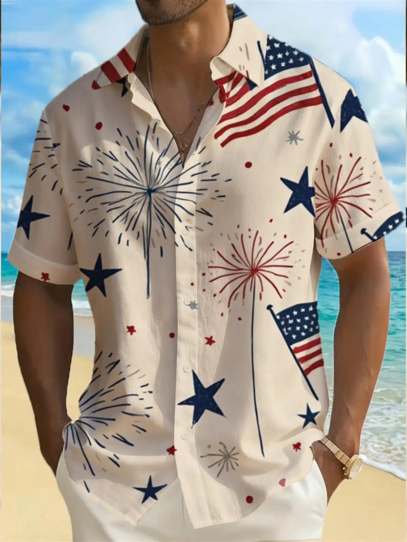 Men Beige USA Flag Firework Star Independence Day Print Beach Short Sleeve Shirt
Men Beige USA Flag Firework Star Independence Day Print Beach Short Sleeve Shirt