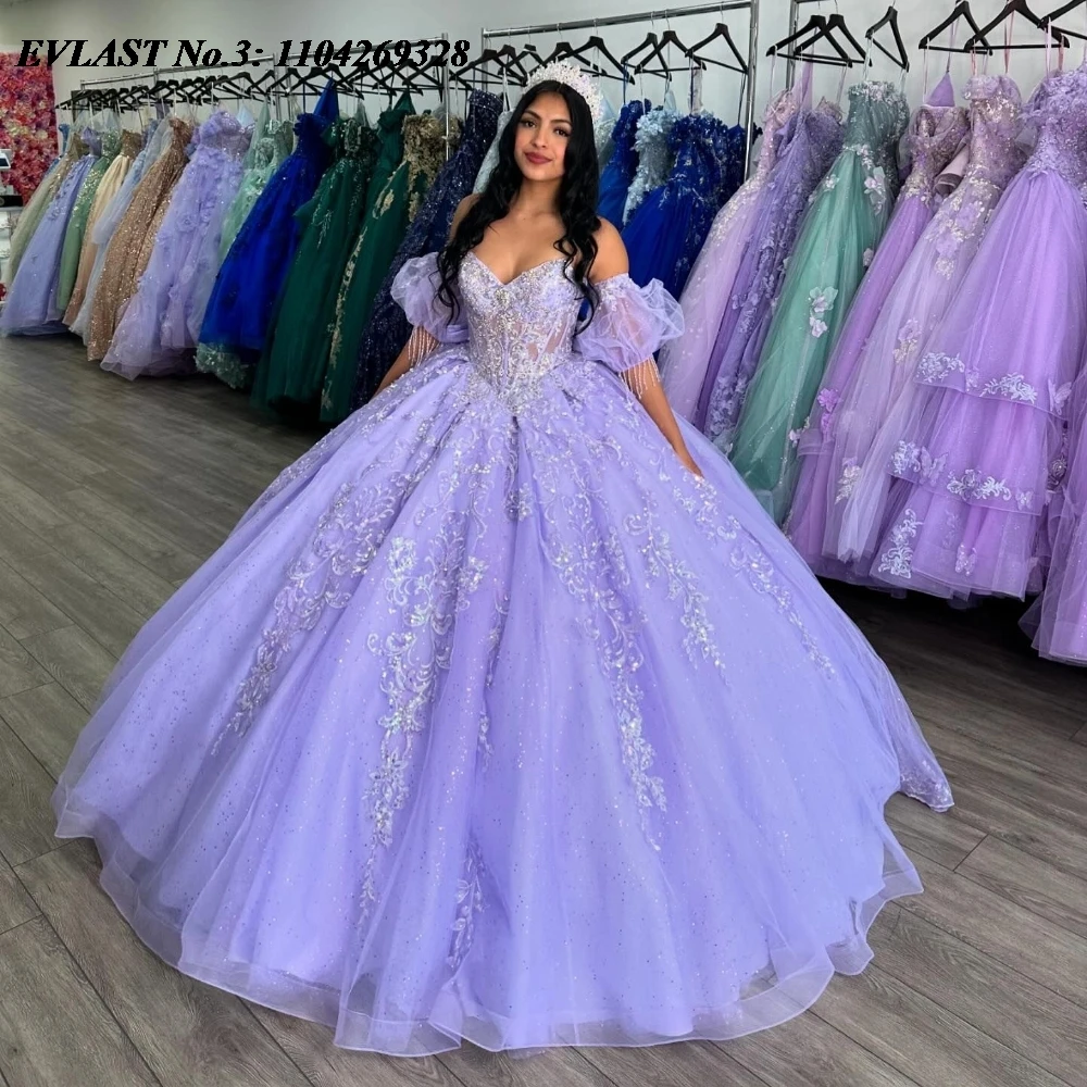 EVLAST индивидуальное блестящее сиреневое платье Quinceanera с блестками, бальное платье с аппликацией и бисером, бант, корсет Sweet 16, Vestido De 15 Anos E3Q323
EVLAST индивидуальное блестящее сиреневое платье Quinceanera с блестками, бальное платье с аппликацией и бисером, бант, корсет Sweet 16, Vestido De 15 Anos E3Q323