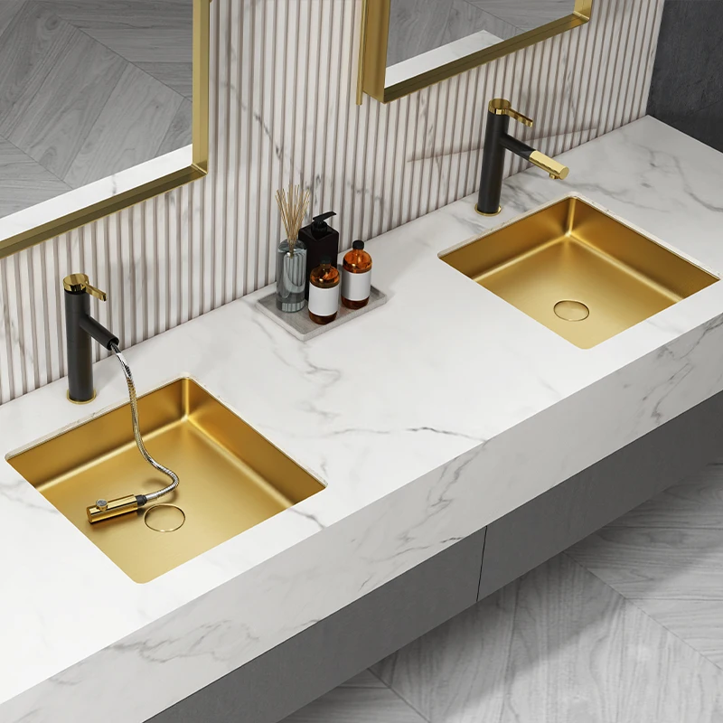 Square gold stainless steel sink under the table, single basin, household embedded sink, wash basin
Square gold stainless steel sink under the table, single basin, household embedded sink, wash basin