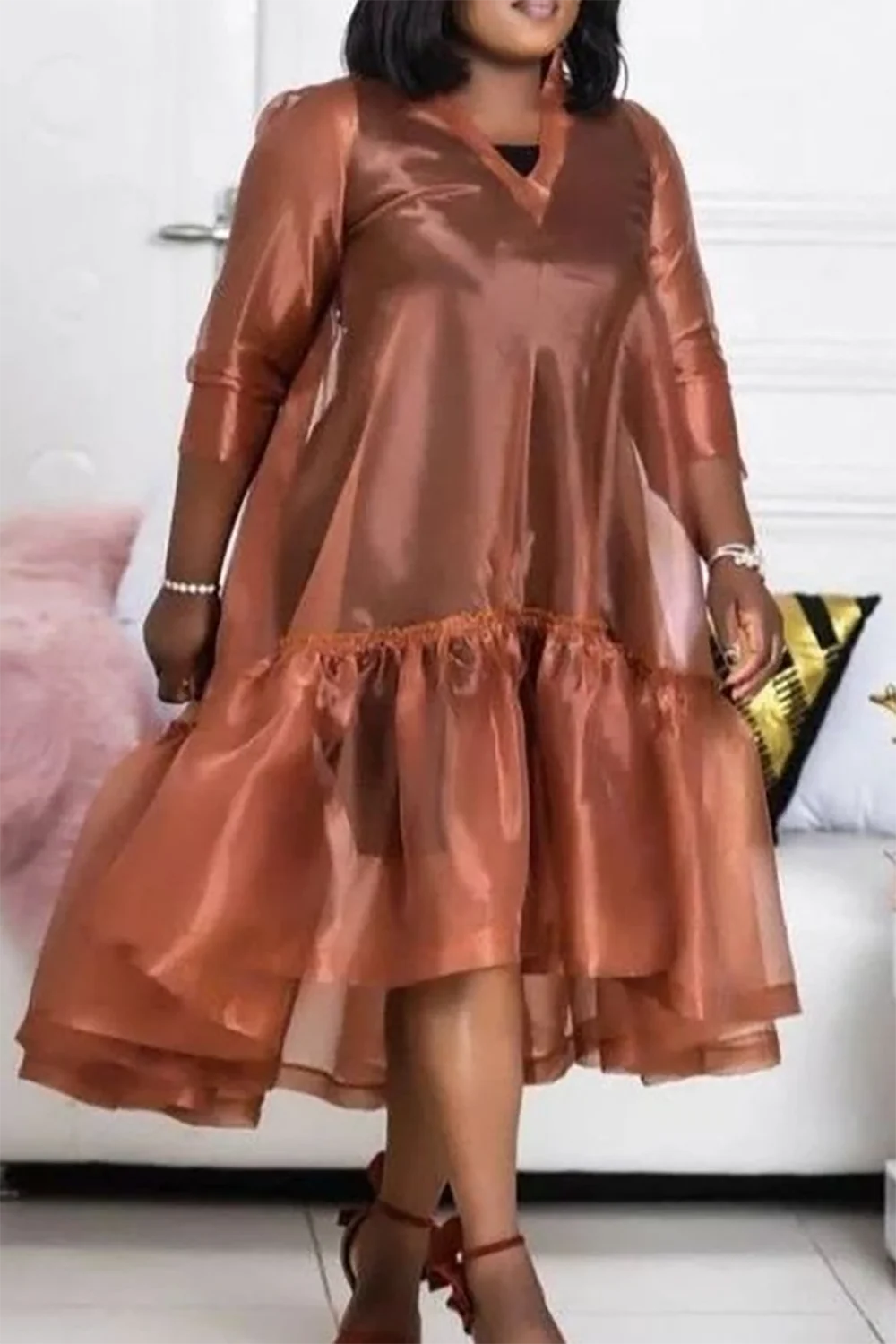Plus Size Women's Semi Formal Midi Dresses Casual Brown Fall Winter V Neck 3/4 Sleeve Flounce Organza Midi Dresses 2025
Plus Size Women's Semi Formal Midi Dresses Casual Brown Fall Winter V Neck 3/4 Sleeve Flounce Organza Midi Dresses 2025