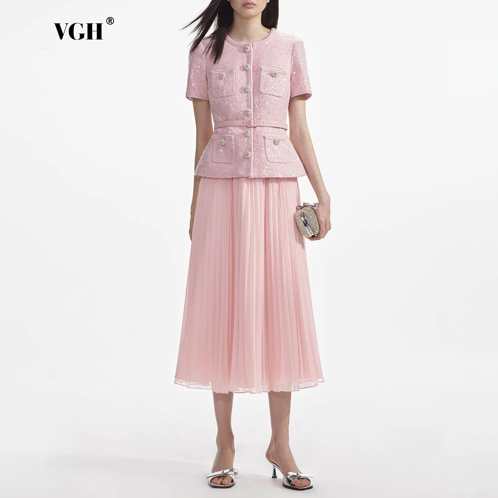 VGH Temperament Skirt Suit for Women Round Neck Short Sleeve Spliced Belt Tops High Waist Pleated Skirts Pink Sets Female New
VGH Temperament Skirt Suit for Women Round Neck Short Sleeve Spliced Belt Tops High Waist Pleated Skirts Pink Sets Female New