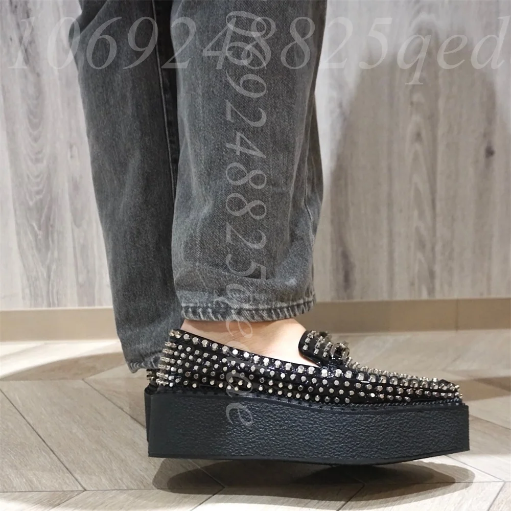 Women's Black Studded Platform Loafers Pointed Toe Metal Buckle Detail, Slip-On, Chunky Wedge Sole, Matte Leather Punk Footwear
Women's Black Studded Platform Loafers Pointed Toe Metal Buckle Detail, Slip-On, Chunky Wedge Sole, Matte Leather Punk Footwear