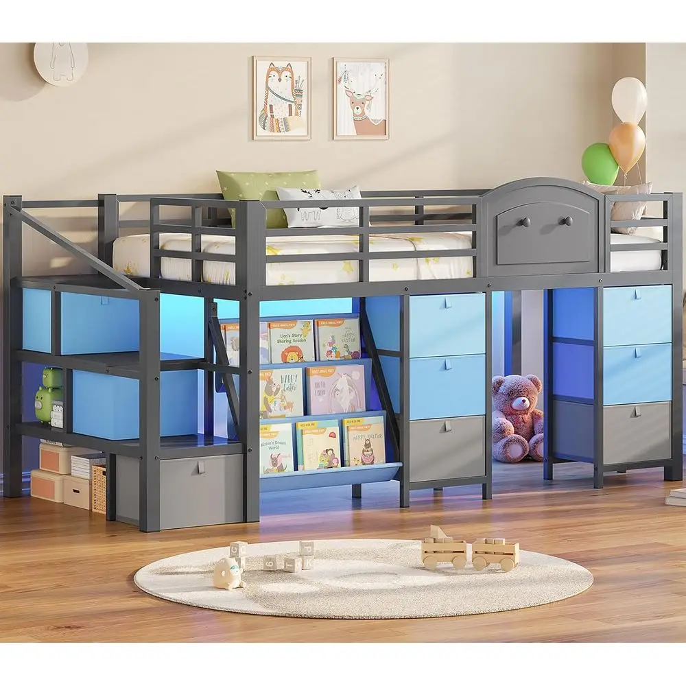 Twin Size Metal Low Loft Bed with 9 Drawers, Bookcase, LED Lights, Wide Stairs, Open Shelves, and Safety Rail
Twin Size Metal Low Loft Bed with 9 Drawers, Bookcase, LED Lights, Wide Stairs, Open Shelves, and Safety Rail