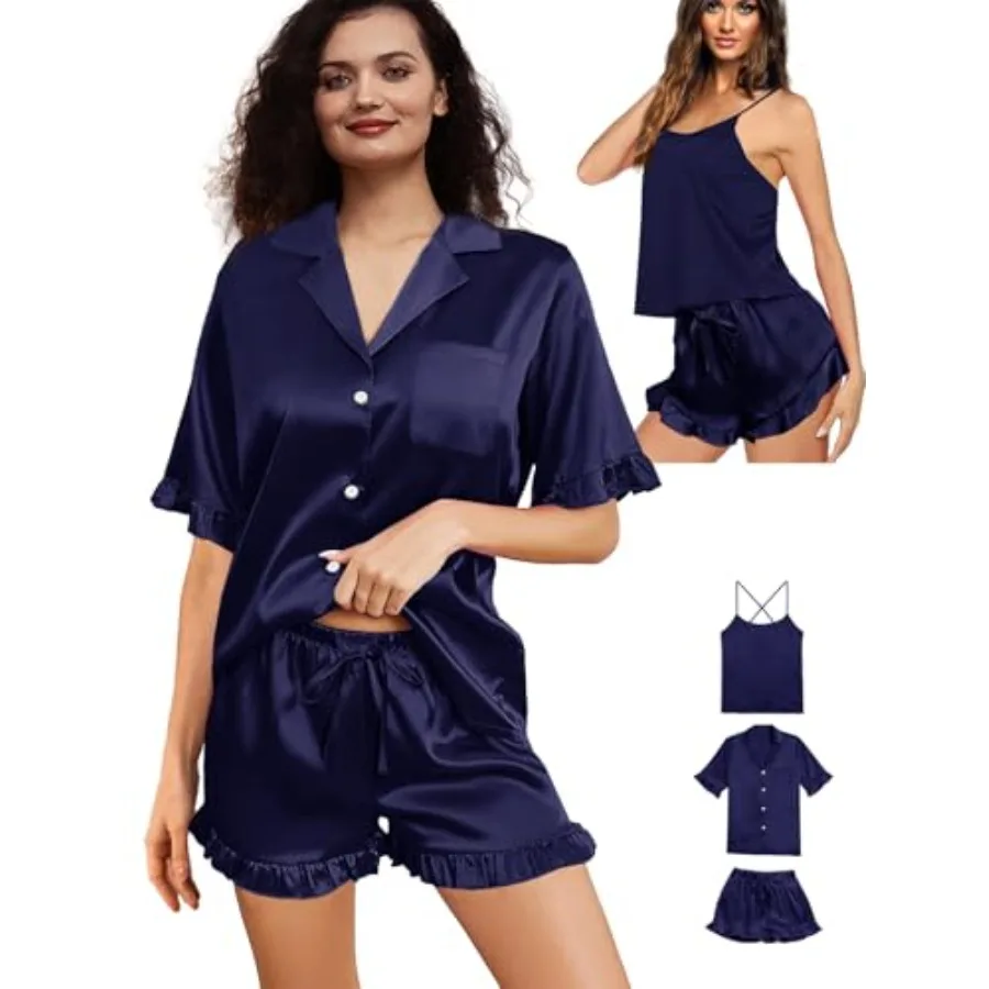 WJing Yi Jia 3Pcs Womens Ruffle Satin Pajama Sets XS-4XL Silk Pajamas Set Sexy Cami Tops Silky Pj Sets Sleepwear Nightwear
WJing Yi Jia 3Pcs Womens Ruffle Satin Pajama Sets XS-4XL Silk Pajamas Set Sexy Cami Tops Silky Pj Sets Sleepwear Nightwear