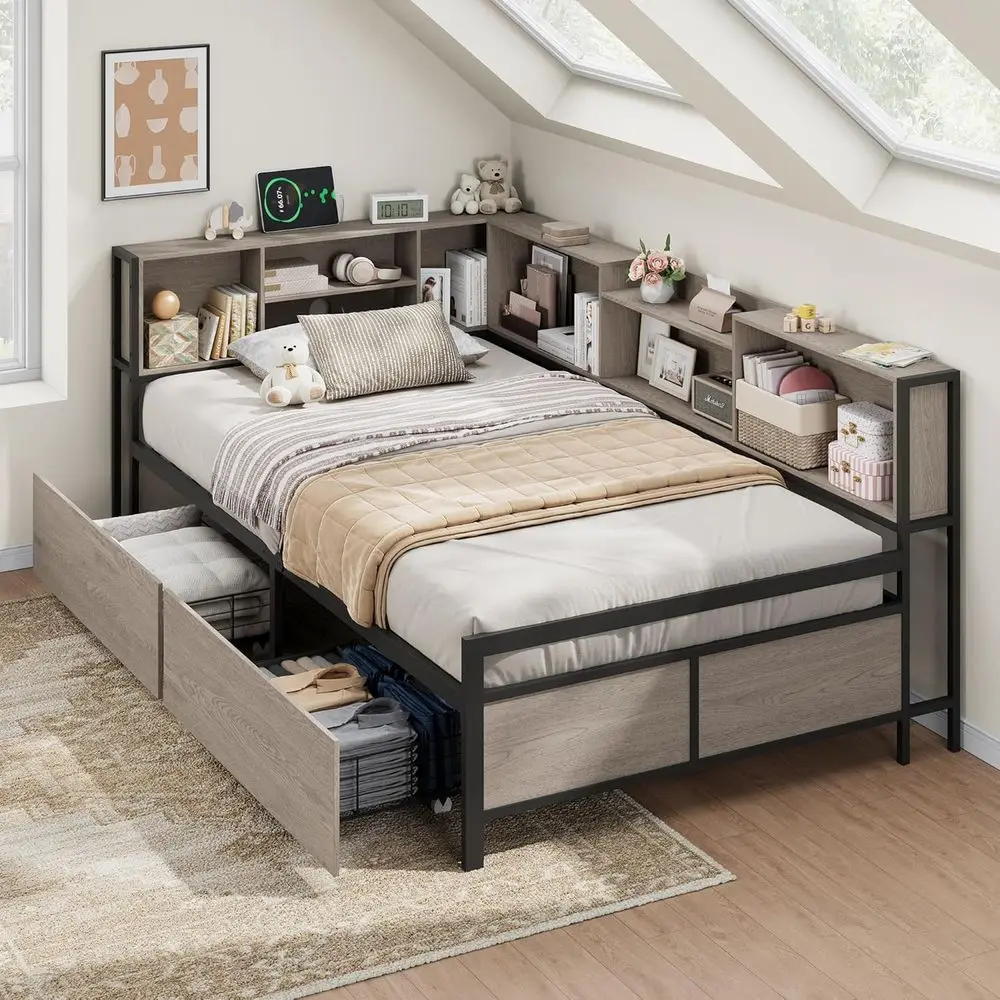 Twin Size Bed with High Headboard, 2 Drawers, 8 Bookcases, and Charging Station for Kids & Teens
Twin Size Bed with High Headboard, 2 Drawers, 8 Bookcases, and Charging Station for Kids & Teens