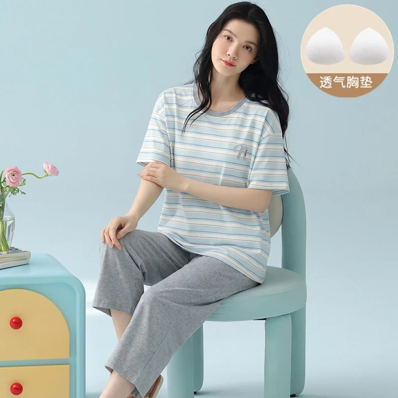 2025 Summer Short Sleeve Calf Length 100% Cotton Pajama Sets for Women Korean Casual Striped Sleepwear Pyjamas Homewear Clothes
2025 Summer Short Sleeve Calf Length 100% Cotton Pajama Sets for Women Korean Casual Striped Sleepwear Pyjamas Homewear Clothes