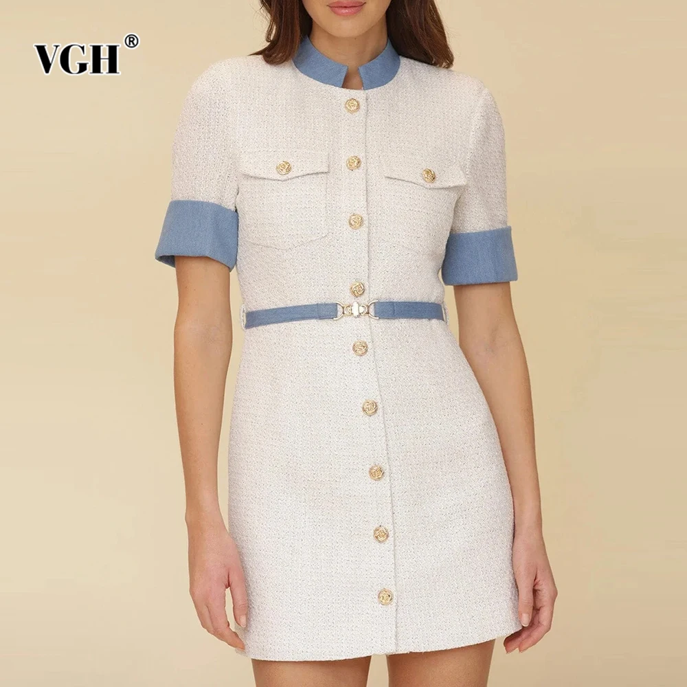 VGH Temperament Slimming Hit Color Dresses For Women Stand Collar Short Sleeve High Waist Spliced Belt Chic Dress Female Style
VGH Temperament Slimming Hit Color Dresses For Women Stand Collar Short Sleeve High Waist Spliced Belt Chic Dress Female Style