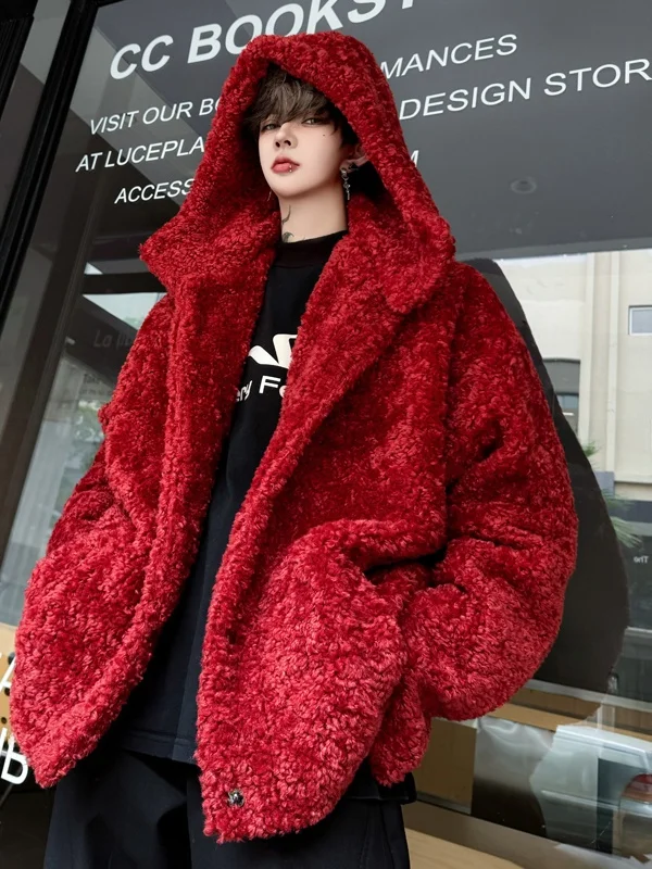 Christmas Red Lamb Fur Hooded Eco-Friendly Fur Coat Thickened Winter Jacket for Men And Women Warmth Integrated Hair Coat
Christmas Red Lamb Fur Hooded Eco-Friendly Fur Coat Thickened Winter Jacket for Men And Women Warmth Integrated Hair Coat