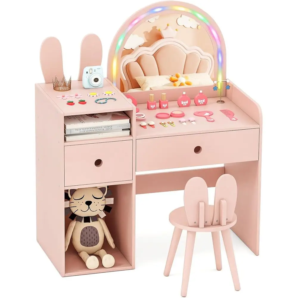 Children's Vanity Set with Mirror, Stool, Lights, Storage, and Wooden Table & Chair in Pink
Children's Vanity Set with Mirror, Stool, Lights, Storage, and Wooden Table & Chair in Pink