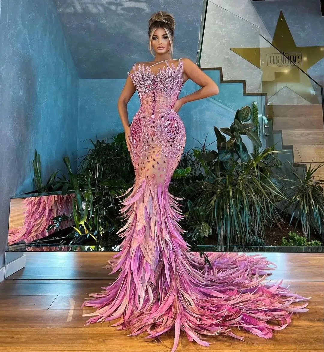 Luxury Pink Prom Dresses Sequins Pearls Feather Mermaid Evening Gowns Custom Illusion Made Robe De Soirée
Luxury Pink Prom Dresses Sequins Pearls Feather Mermaid Evening Gowns Custom Illusion Made Robe De Soirée