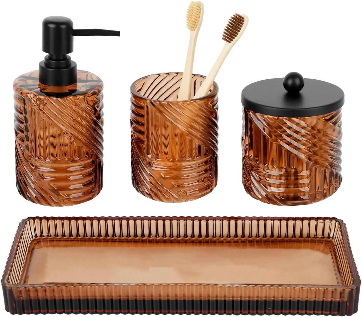 4-Piece Amber Glass Bathroom Set: Soap Dispenser, Toothbrush Holder, Q-Tip Dispenser & Tray
4-Piece Amber Glass Bathroom Set: Soap Dispenser, Toothbrush Holder, Q-Tip Dispenser & Tray