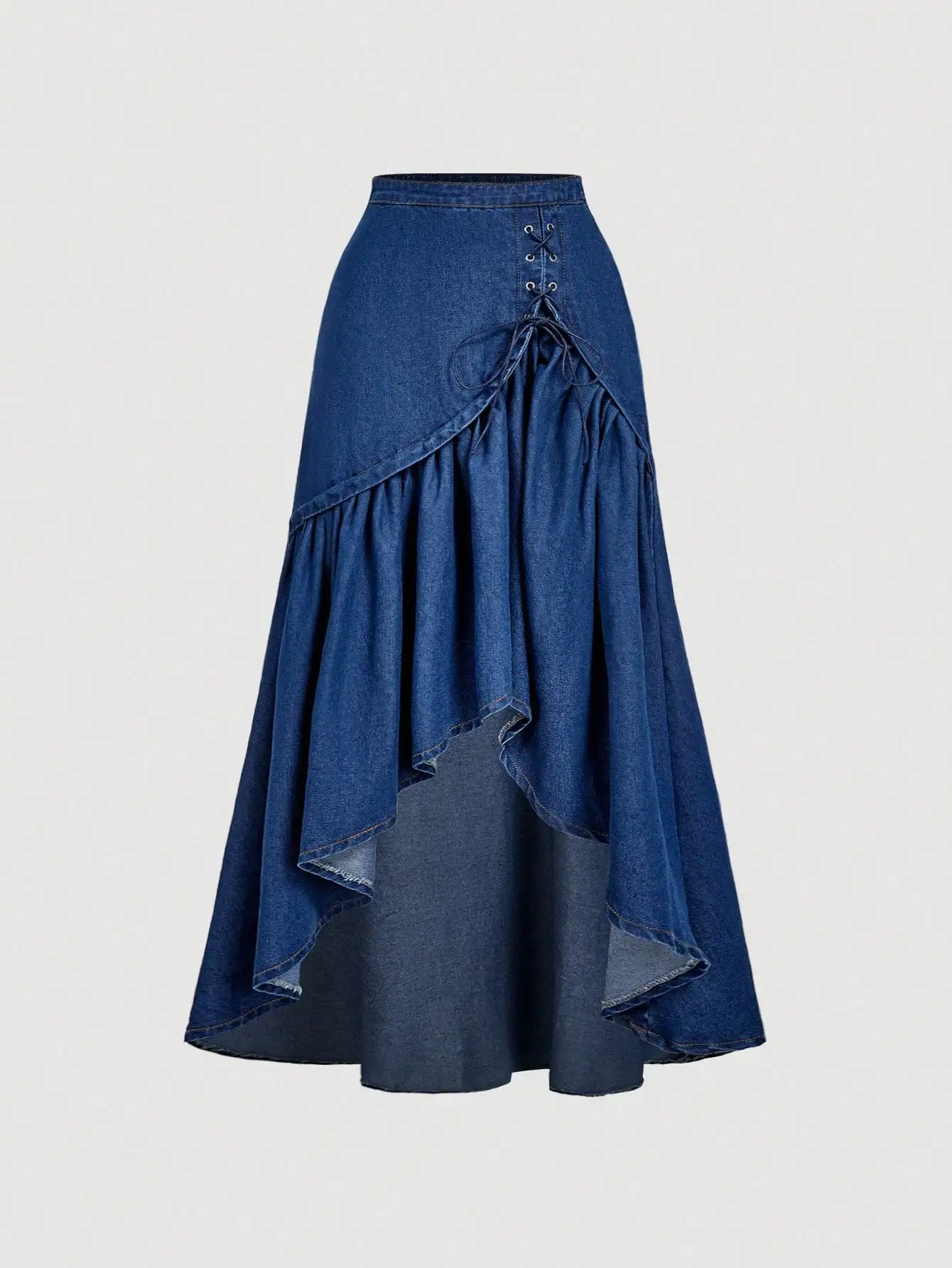 Women's Denim Skirt with Lace-Up Front, Asymmetrical Ruffle Hem
Women's Denim Skirt with Lace-Up Front, Asymmetrical Ruffle Hem