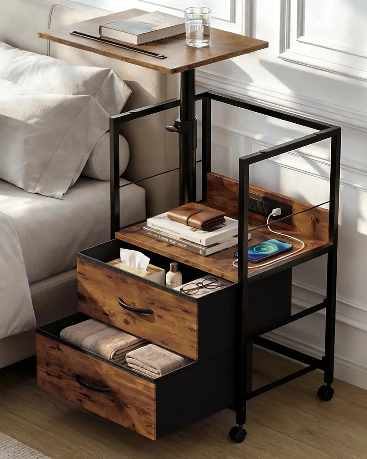 Swivel Lift Top Nightstand with Charging Station,Rolling Side Table for Recliner, Bedside Table with Wheels & 2 Fabric Drawers
Swivel Lift Top Nightstand with Charging Station,Rolling Side Table for Recliner, Bedside Table with Wheels & 2 Fabric Drawers
