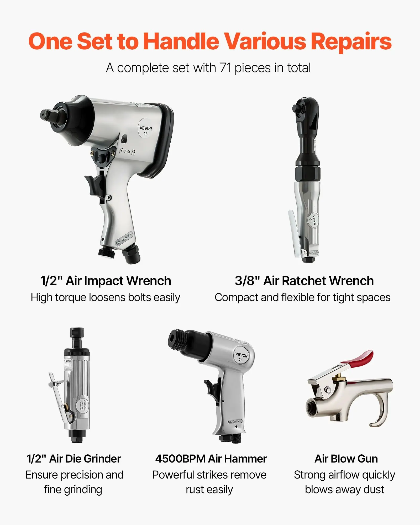 71 Pieces Pro Air Tool and Accessories Kit - 1/2" Air Impact Wrench, 3/8" Ratchet Wrench, 1/2" Die Grinder, 4500BPM Hammer, Blow Gun for Auto Repair, Home DIY Project - Storage Case Included
71 Pieces Pro Air Tool and Accessories Kit - 1/2" Air Impact Wrench, 3/8" Ratchet Wrench, 1/2" Die Grinder, 4500BPM Hammer, Blow Gun for Auto Repair, Home DIY Project - Storage Case Included