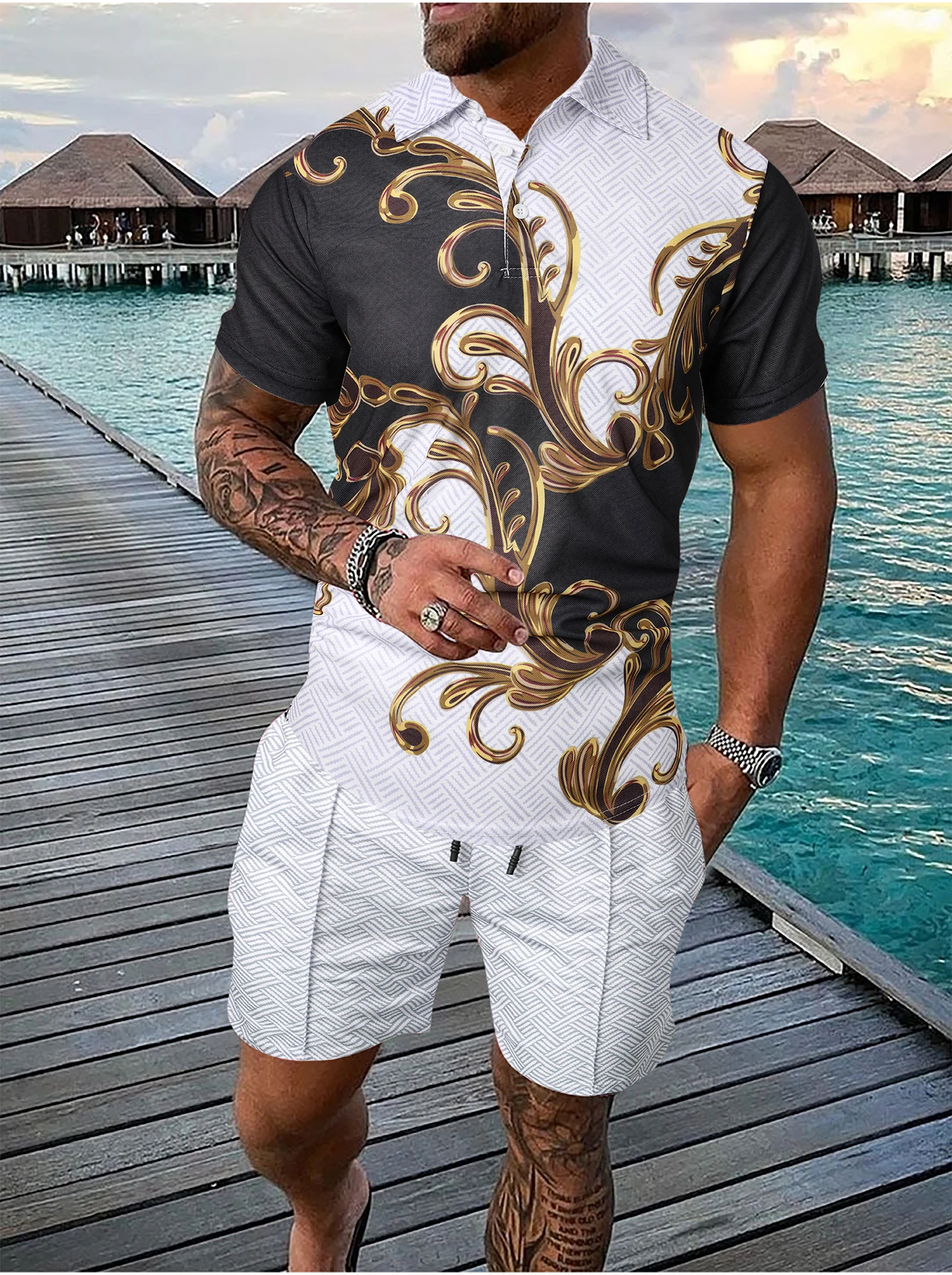 Men's summer fashion casual luxury gold Baroque chain pattern 3D printed polo shirt with lapel button casual short sleeved set
Men's summer fashion casual luxury gold Baroque chain pattern 3D printed polo shirt with lapel button casual short sleeved set
