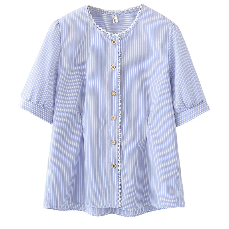 2026 Summer Plus Size Striped Shirt Women Lace Collar Short Sleeve Cardigan Slim Waist Casual Blouse Tops For Curvy Ladies 473
2026 Summer Plus Size Striped Shirt Women Lace Collar Short Sleeve Cardigan Slim Waist Casual Blouse Tops For Curvy Ladies 473