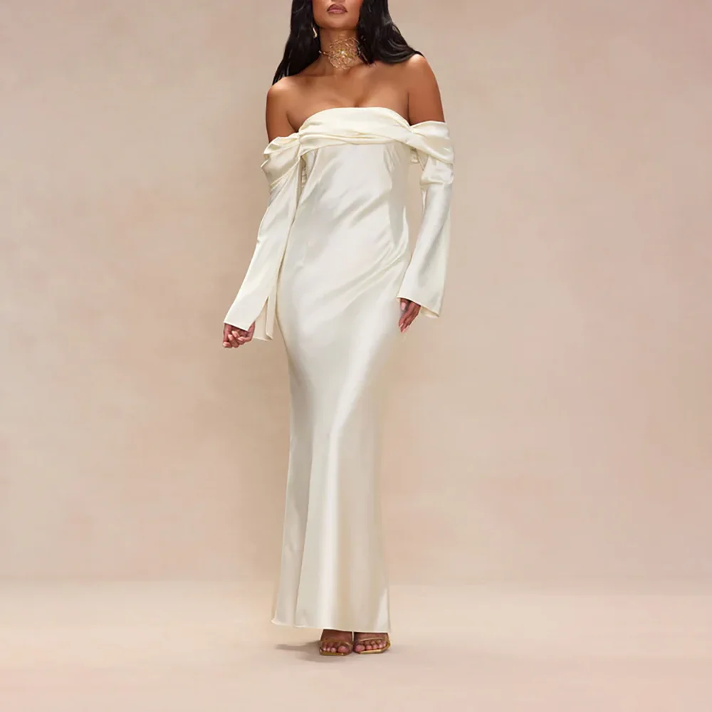 Elegant White Satin Off The Shoulder Long Sleeves Prom Gowns Temperament Long Evening Dresses vestidos de noche فساتين سهرة
Elegant White Satin Off The Shoulder Long Sleeves Prom Gowns Temperament Long Evening Dresses vestidos de noche فساتين سهرة