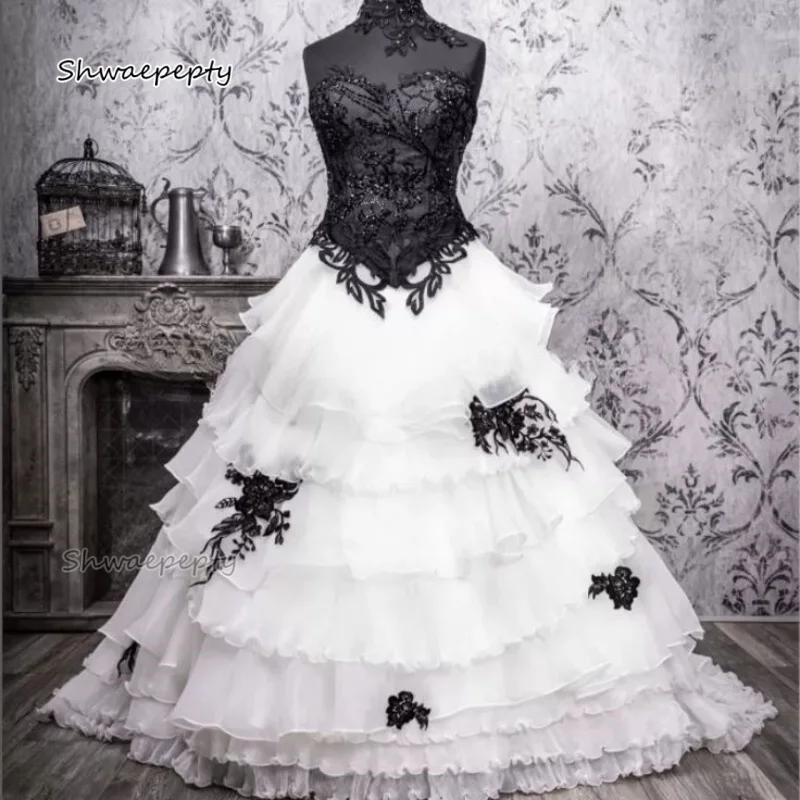 Black And White Wedding Dress Lace Appliques Strapless Sweetheart Long Tiers Gothic Bride Gown Customized Vintage Vestido
Black And White Wedding Dress Lace Appliques Strapless Sweetheart Long Tiers Gothic Bride Gown Customized Vintage Vestido