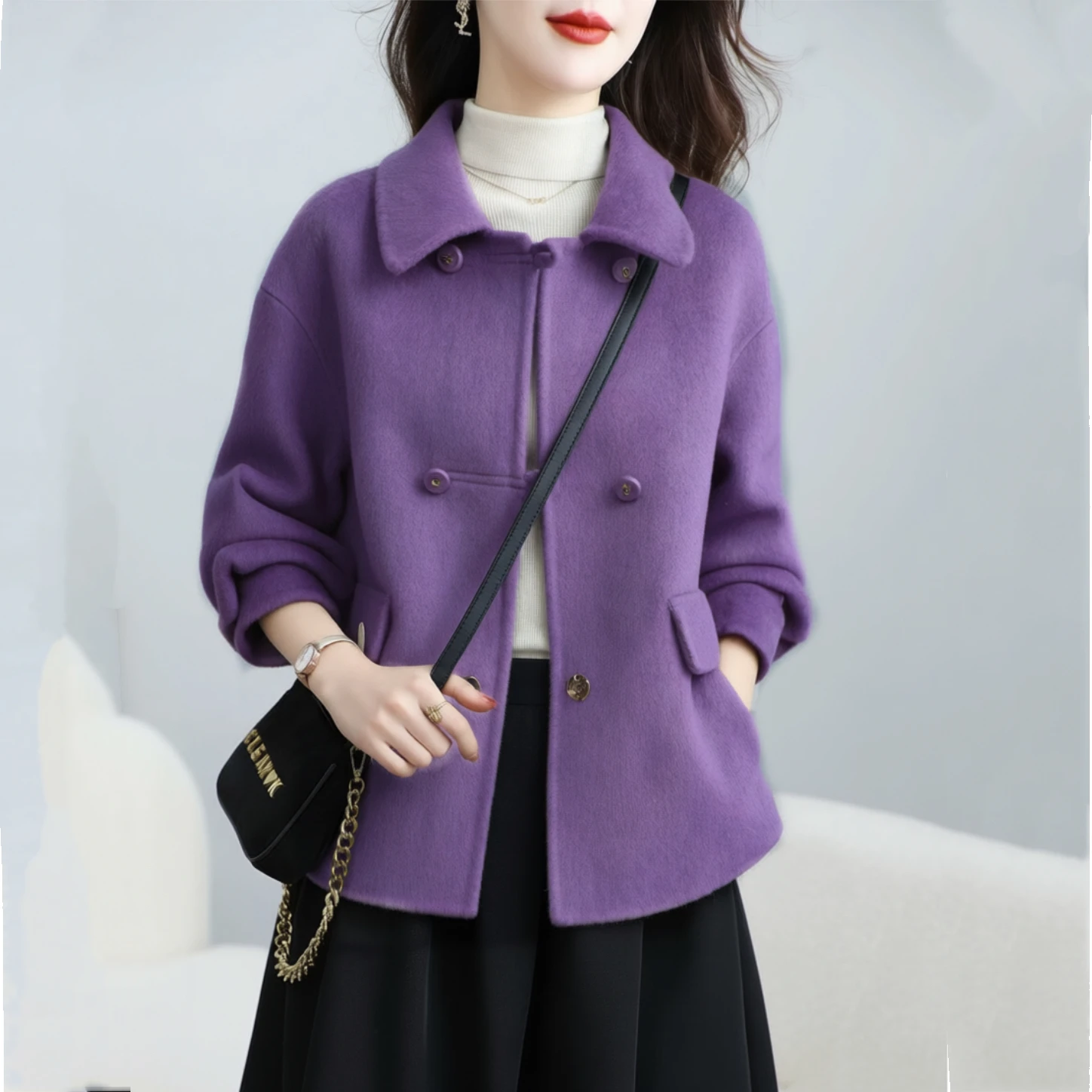 Purple Double-Sided Woolen Coat Women's Short Style Autumn Winter New Arrival Mommy's Wardrobe Polyester Wool Blend Thickened
Purple Double-Sided Woolen Coat Women's Short Style Autumn Winter New Arrival Mommy's Wardrobe Polyester Wool Blend Thickened