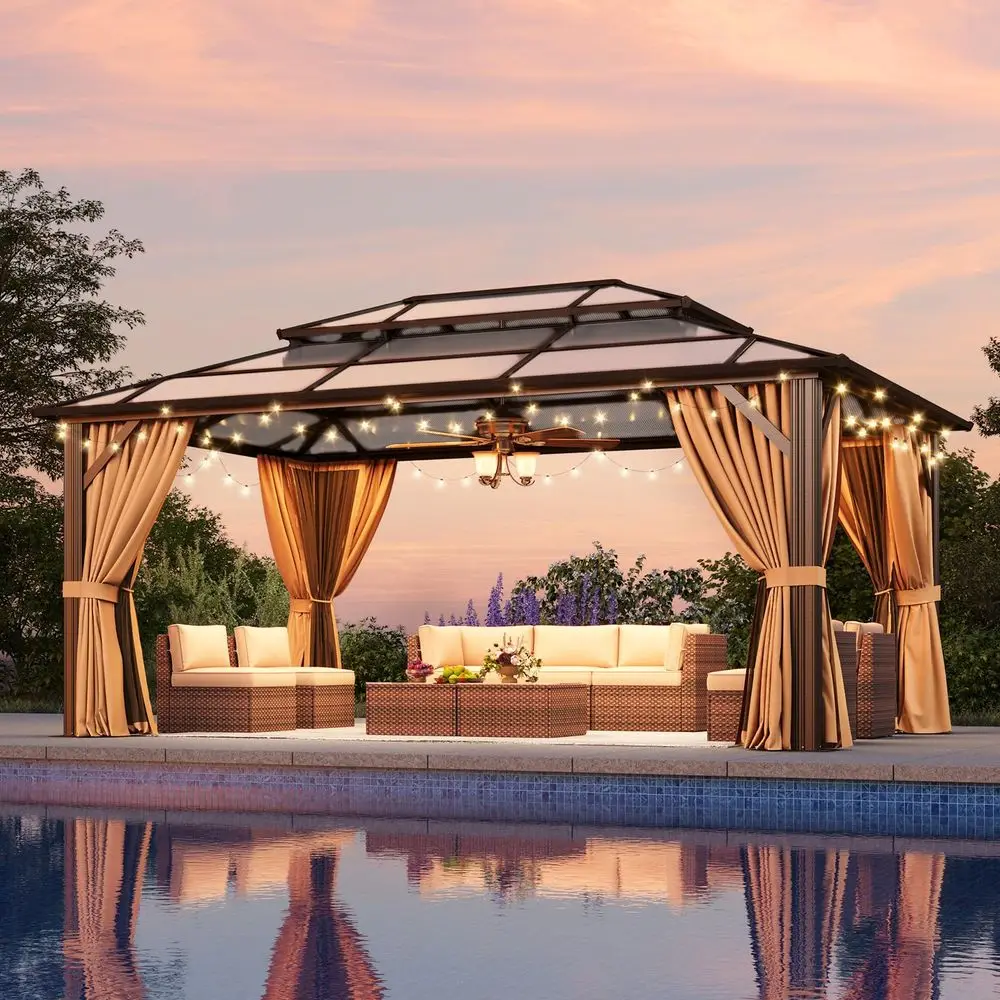 12x16 Hardtop Gazebo, Outdoor Metal Gazebo with Double Polycarbonate Roof Canopy, Permanent Pavilion with Netting and Curtains
12x16 Hardtop Gazebo, Outdoor Metal Gazebo with Double Polycarbonate Roof Canopy, Permanent Pavilion with Netting and Curtains