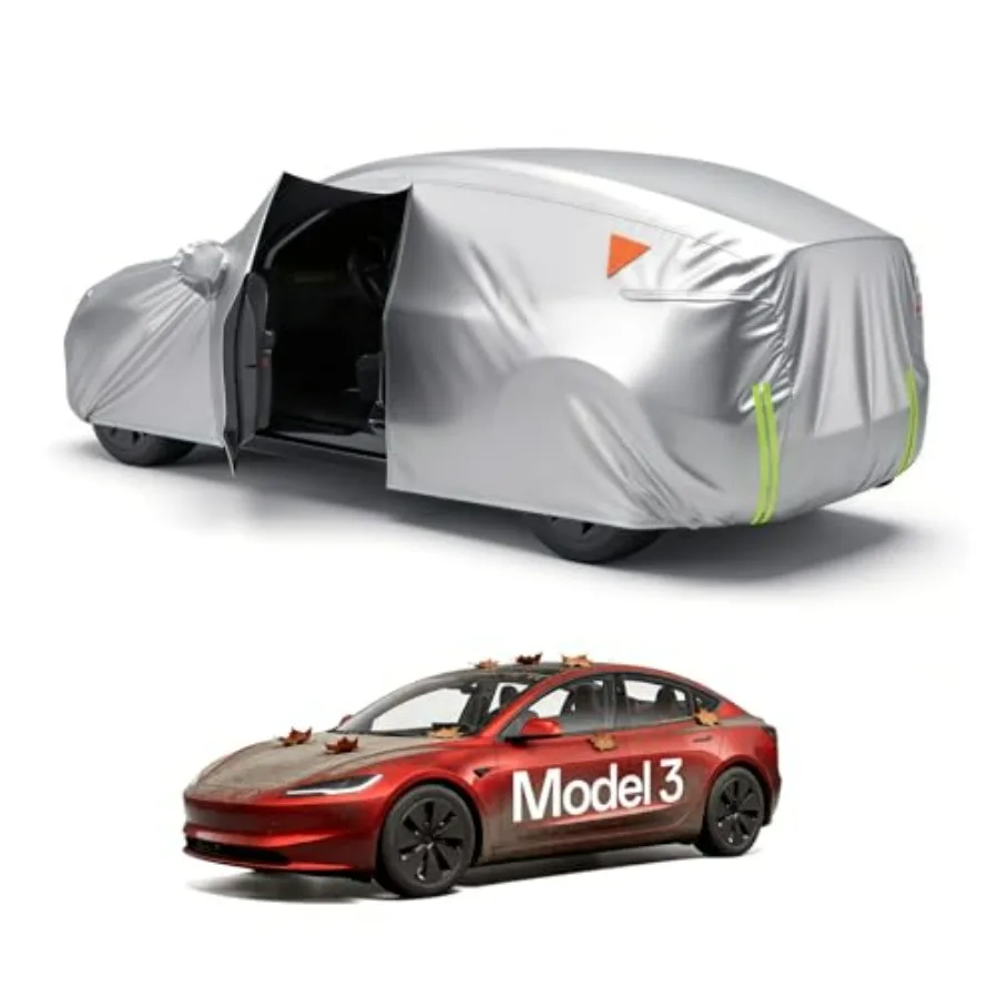 Tesla Model-3 Car Cover for outdoor use, PU-coated silver fabric, waterproof inner lining protects paint, zippers for driver si
Tesla Model-3 Car Cover for outdoor use, PU-coated silver fabric, waterproof inner lining protects paint, zippers for driver si