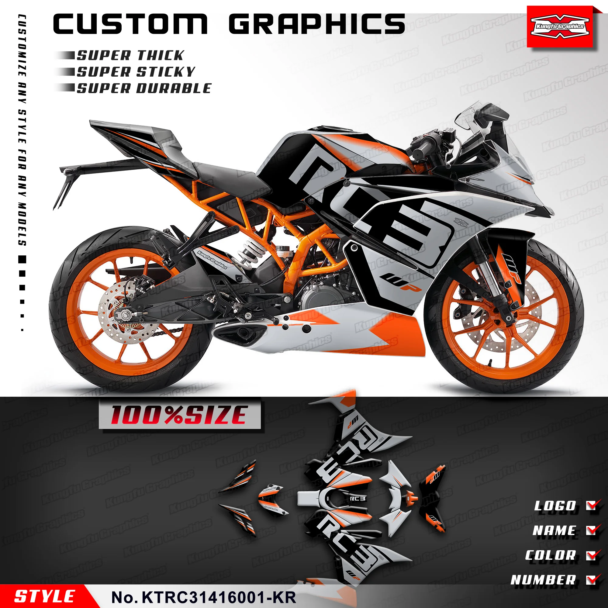 KUNGFU GRAPHICS Team Stickers Vinyl Decal Kit for KTM RC 390 125 200 250 2014 2015 2016 Grey, KTRC31416001-KR
KUNGFU GRAPHICS Team Stickers Vinyl Decal Kit for KTM RC 390 125 200 250 2014 2015 2016 Grey, KTRC31416001-KR