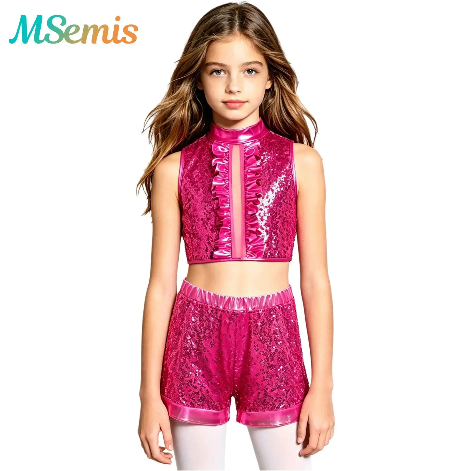 Kids Girls Sequin Metallic Jazz Dance Outfit Hip Hop Performance Costume Back Invisible Zipper Ruffles Crop Top with Shorts
Kids Girls Sequin Metallic Jazz Dance Outfit Hip Hop Performance Costume Back Invisible Zipper Ruffles Crop Top with Shorts