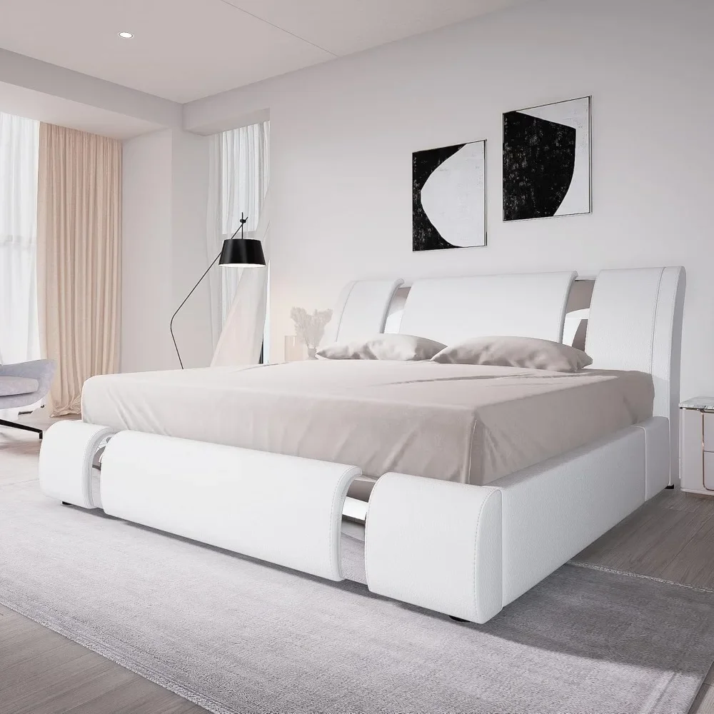 King Size Bed Frame with Iron Piece Decor, Faux Leather Upholstered Platform Bed with Curved Adjustable Headboard
King Size Bed Frame with Iron Piece Decor, Faux Leather Upholstered Platform Bed with Curved Adjustable Headboard
