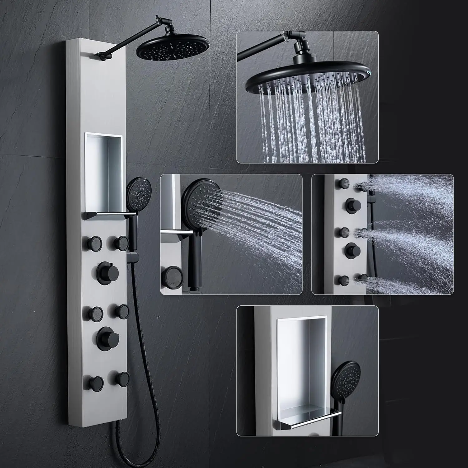 Shower Panels System with 8 inch Rainfall Shower and Shelf Shower Tower with Adjustable Head 6 Body Jets and 5 Setting
Shower Panels System with 8 inch Rainfall Shower and Shelf Shower Tower with Adjustable Head 6 Body Jets and 5 Setting
