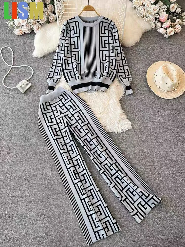 LISM Women's tracksuit Jacquard Knit Top 2-Piece Labyrinth Print Loose Sweater + Wide Legs Pants Korean Style Casual Chic Suit
LISM Women's tracksuit Jacquard Knit Top 2-Piece Labyrinth Print Loose Sweater + Wide Legs Pants Korean Style Casual Chic Suit