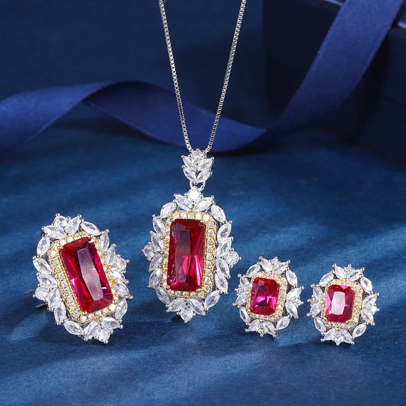 New European and American retro fashion jewelry for women, ruby and diamond inlaid two-tone set 8*16 6*8
New European and American retro fashion jewelry for women, ruby and diamond inlaid two-tone set 8*16 6*8
