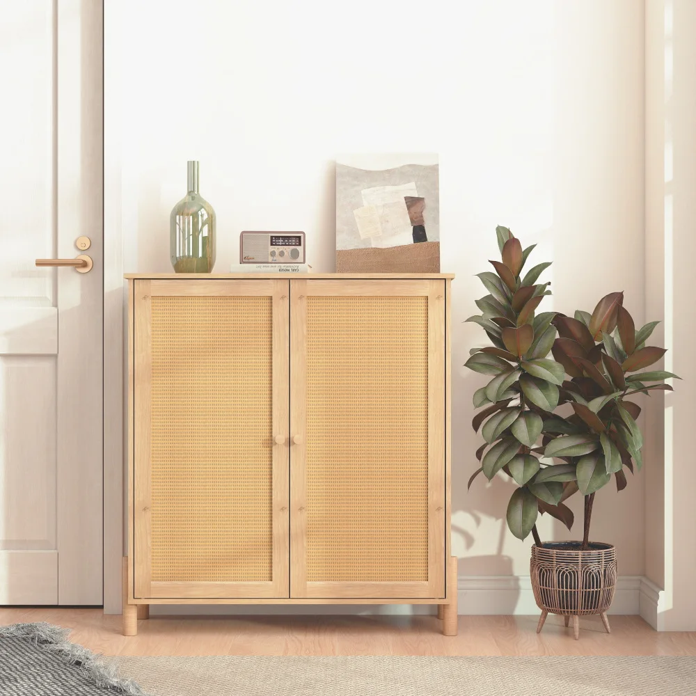 Mid-Century Modern Storage Cabinet with Woven Rattan Doors & Adjustable Shelves - Perfect for Living Room & Dining Room
Mid-Century Modern Storage Cabinet with Woven Rattan Doors & Adjustable Shelves - Perfect for Living Room & Dining Room