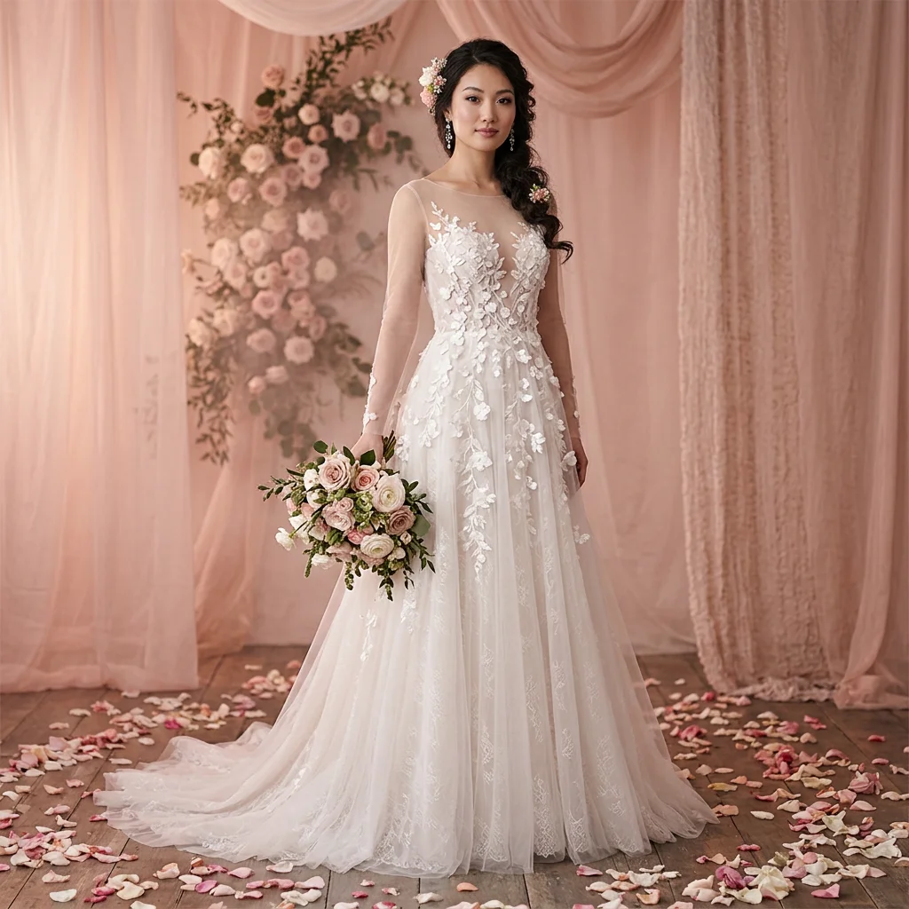 Illusion Neck Long Sleeve Floral Lace A Line Wedding Dress with Sheer Tulle Train Romantic Bridal Gown
Illusion Neck Long Sleeve Floral Lace A Line Wedding Dress with Sheer Tulle Train Romantic Bridal Gown