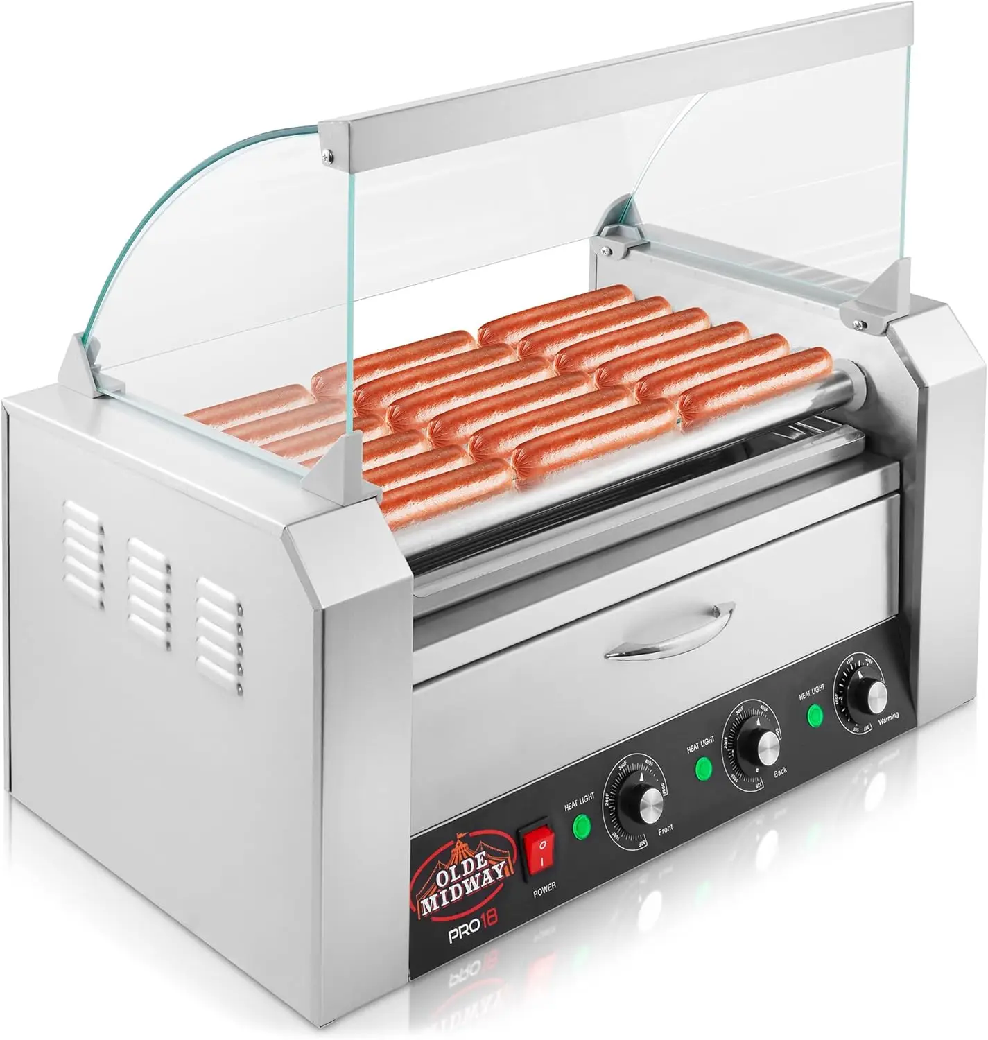 Electric 18 Hot Dog 7 Roller Grill Cooker Machine with Bun Warming Drawer and Cover - Commercial Grade, Stainless Steel
Electric 18 Hot Dog 7 Roller Grill Cooker Machine with Bun Warming Drawer and Cover - Commercial Grade, Stainless Steel