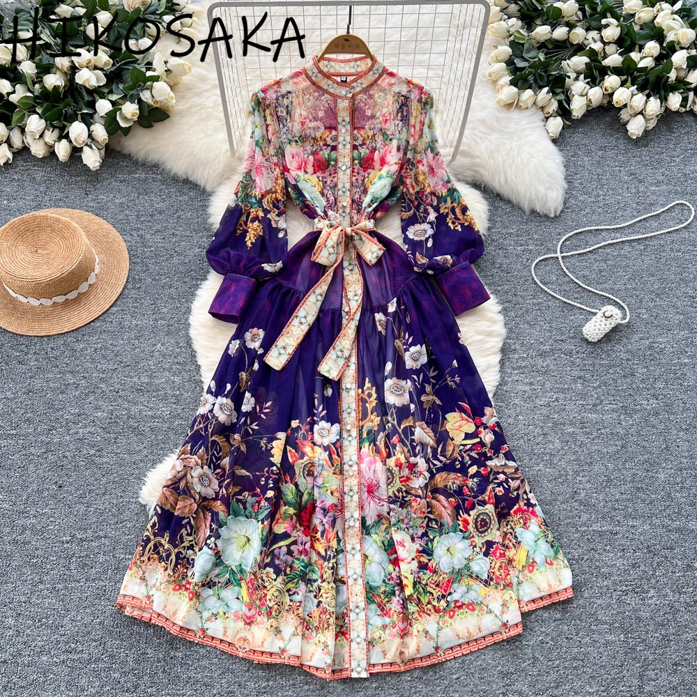 Vintage Fashion Court Style Big Swing Dress Bandage Slim Waist Positioning Print Robe Single Breasted Lantern Sleeve Vestidos
Vintage Fashion Court Style Big Swing Dress Bandage Slim Waist Positioning Print Robe Single Breasted Lantern Sleeve Vestidos