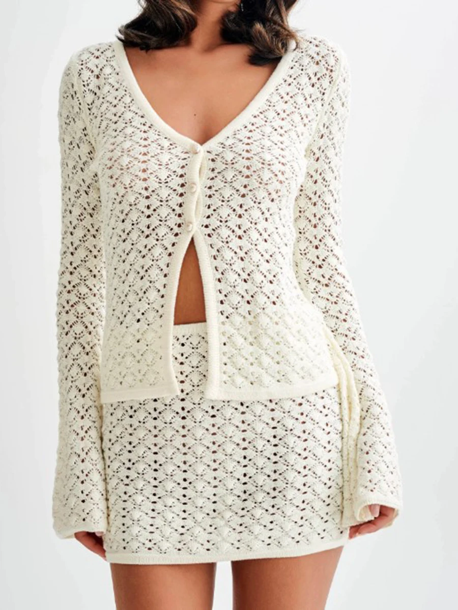 Knitted Hollow Out Mini Skirts Sets Women V Neck Single Breasted Long Sleeve Tops Summer Fashion Slim Straight Skirt 2 Piece Set
Knitted Hollow Out Mini Skirts Sets Women V Neck Single Breasted Long Sleeve Tops Summer Fashion Slim Straight Skirt 2 Piece Set