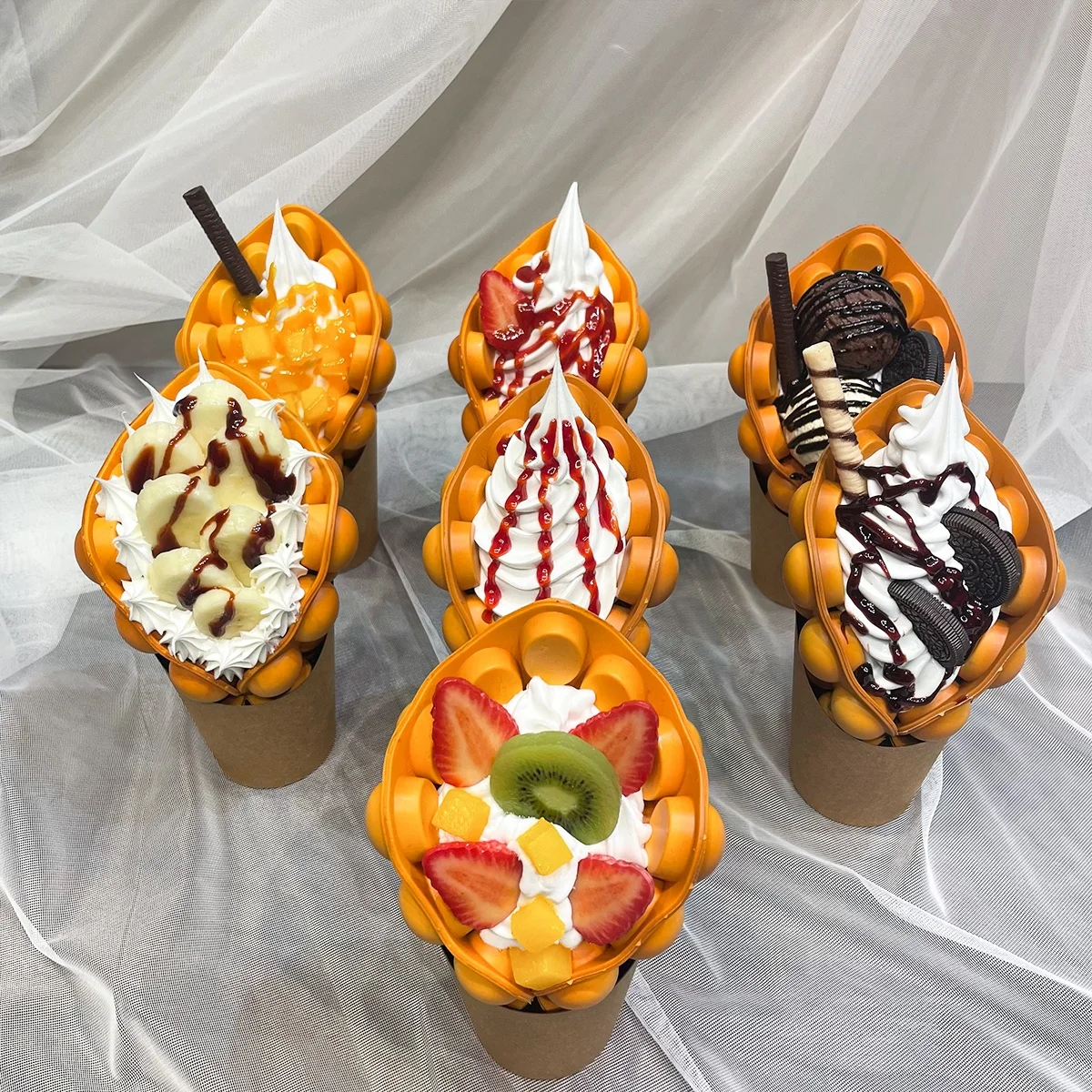 Fake Food Display Simulation Egg Waffle Ice Cream Model Artificial Bubble Waffle Model for Cake Shop Kitchen Display Decoration
Fake Food Display Simulation Egg Waffle Ice Cream Model Artificial Bubble Waffle Model for Cake Shop Kitchen Display Decoration