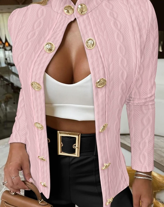 Women's Coat Elegant Work Outfit Solid Daily Casual Stand Collar Long Sleeve Cable Textured Coat Button Front Slim Jacket
Women's Coat Elegant Work Outfit Solid Daily Casual Stand Collar Long Sleeve Cable Textured Coat Button Front Slim Jacket