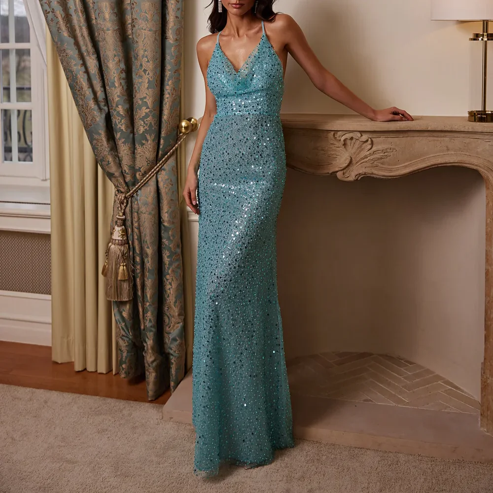 Customized V-Neck Halter Evening Dresses Sexy spaghetti strap Beading Sequined Long mermaid Prom Gown Modern Backless Party Dres
Customized V-Neck Halter Evening Dresses Sexy spaghetti strap Beading Sequined Long mermaid Prom Gown Modern Backless Party Dres